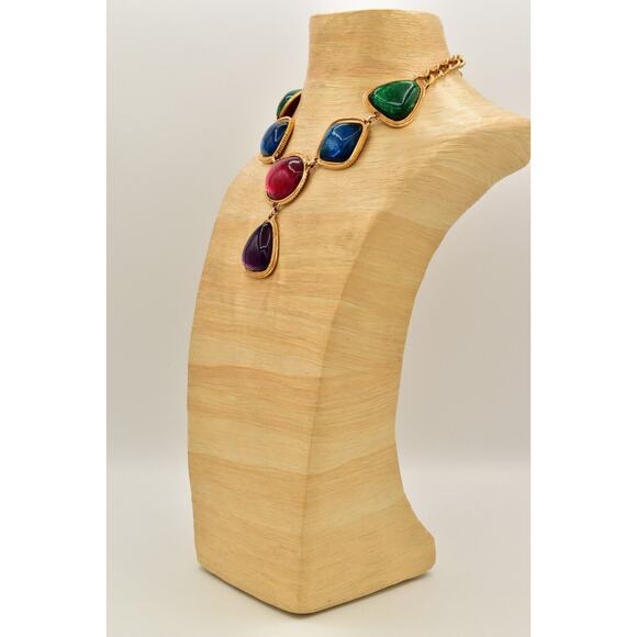 KJL Avon Cabochon Necklace Bib Multicolor Gripoix Jelly Gold Chunky Signed BinAU - Picture 9 of 12